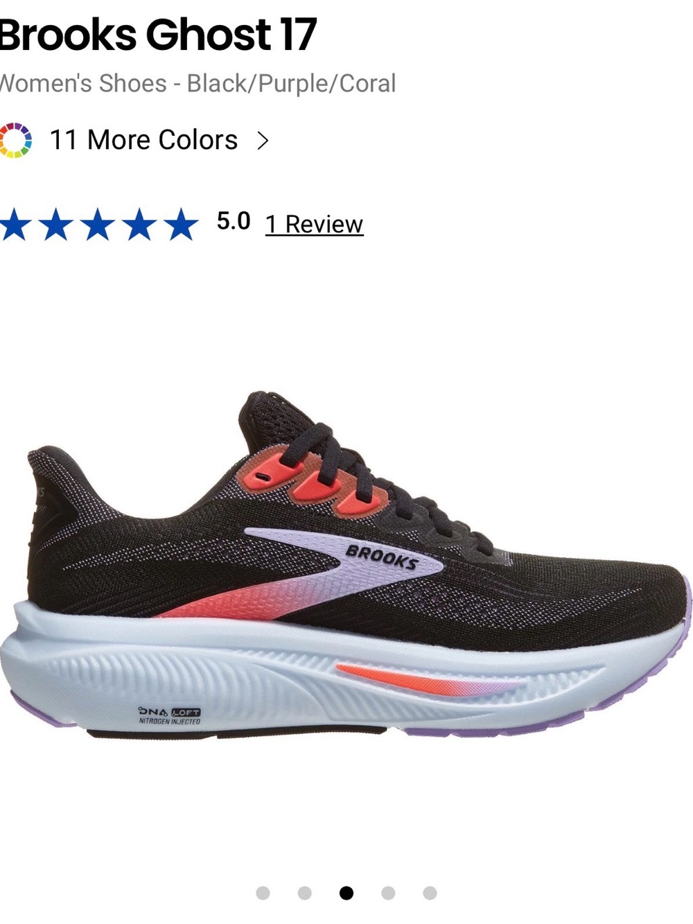 Brooks Ghost 17 Women's Running Shoe - Black with Purple & Coral Accents- Size 9